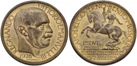 Vittorio Emanuele III (1900-1943). 2 lire 1928 Fiera di Milano. Mont. 9. AE dorato. 29.50 mm. R. qSPL.