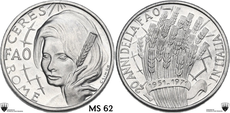 Gettone 1971, FAO Roma 20 anni in Italia. AR. 2.96 g. 28.00 mm. MS 62. Encapsula...