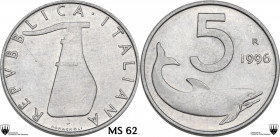 5 lire 1988. Mont. 35. IT. 1.10 g. 20.00 mm. Graffietto al diritto. MS 62. Encapsulated by CCG MS 62.