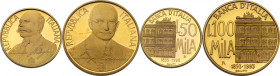 100.000 e 50.000 lire 1994 in confezioni della zecca. AU. Totale 22,5 g oro 900/°°°.
