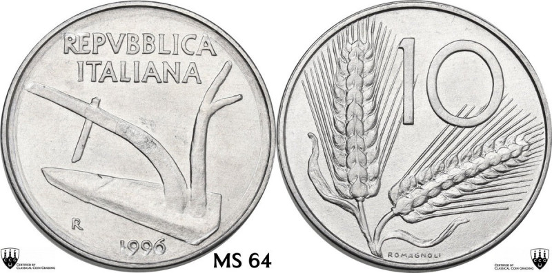 10 lire 1996. Mont. 53. IT. 1.60 g. 23.00 mm. Difetti di coniazione. MS 64. Enca...