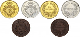 Municipio di Faenza. Lotto di tre (3) medaglie al merito fine XIX sec. in bronzo, bronzo dorato e bronzo argentato. AE. Opus: Speranza.