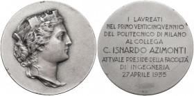 Medaglia premio 1935 consegnata a Carlo Isnardo Azimonto preside della facoltà di ingegneria di Milano. AG. 38.65 g. 44.00 mm. Colpetti e graffio al r...