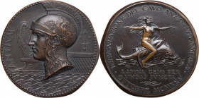 Medaglia 1925. D/ ANTIVM. Testa elmata di Minerva a sinistra; dietro, prua e tridente; sul taglio, MISTRVZZI. R/ INAVGVRAZIONE DEL CAVO ANZIO-SVD AMER...