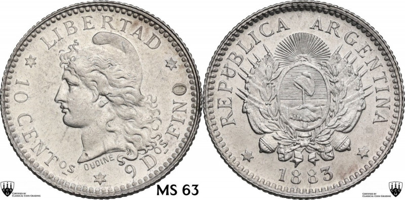 Argentina. 10 centavos 1883. KM 26. AR. 2.50 g. 18.00 mm. The final year in a br...