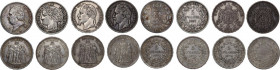 France. Lot of eight (8) coins: 5 Francs 1824 W, Lille, 5 francs 1851 A, Paris, 5 francs 1868 BB, Strasbourg (2), 5 francs 1873 A, Paris, 5 francs 187...