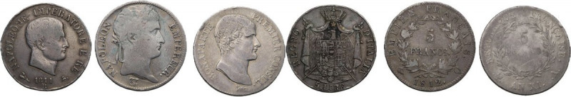 France. Napoleon (1799-1814). Lot of three (3) coins: 5 lire 1811 Bologna, 5 fra...