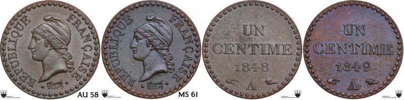 France. Lot of two (2) coins: centime 1848 and centime 1849. KM 754; Gad. 84. AE...