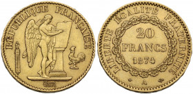 France. Third republic (1870-1940). 20 francs 1874 A, Paris mint. Gad. 1063; Fried. 592. AV. 6.45 g. 21.00 mm. XF/AU.