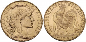 France. Third republic (1870-1940). 20 francs 1910. KM 857; Gad. 1064a; Fried. 596a. AV. 6.45 g. 21.00 mm. MS.