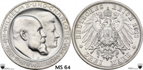 Germany. Wilhelm II (1888-1918). 3 mark 1911 F, Stuttgart mint. Jaeger 177; KM 636. AR. 16.50 g. 33.00 mm. Wedding Anniversary with Charlotte. MS 64. ...