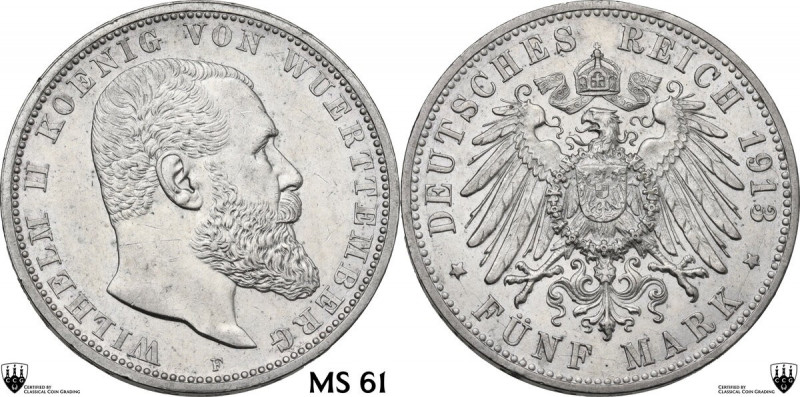 Germany. Wilhelm II (1888-1918). 5 mark 1913 F, Stuttgart. Jaeg. 176; KM 632. AR...
