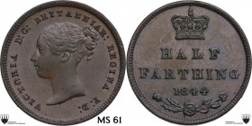 Great Britain. Victoria (1837-1901). 1/2 Farting 1844. KM 738. AE. 2.20 g. 18.00 mm. Minor scratch on obverse. MS 61. Encapsulated by CCG MS 61.