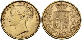 Great Britain. Victoria (1837-1901). Sovereign 1872. KM 736.2; Fried. 387i. AV. 8.00 g. 21.00 mm. N. 60 under the shield. VF.