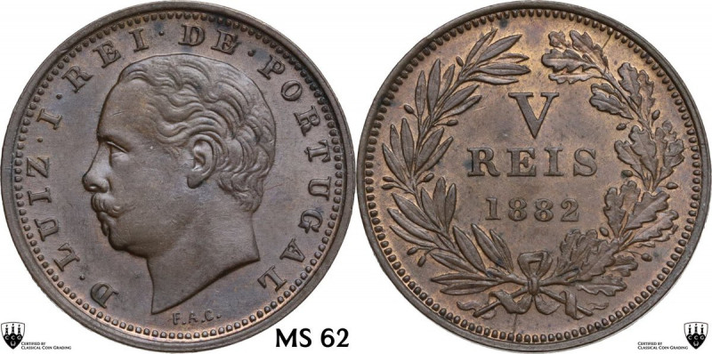 Portugal. Luiz I (1861-1889). 5 reis 1882. KM 525. AE. 2.70 g. 20.00 mm. MS 62. ...