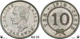 Sarawak. Charles J. Brooke, Rajah (1868-1917). 10 cents 1910. KM 9. AR. 2.70 g. 18.00 mm. Encapsulated by CCG AU 53.