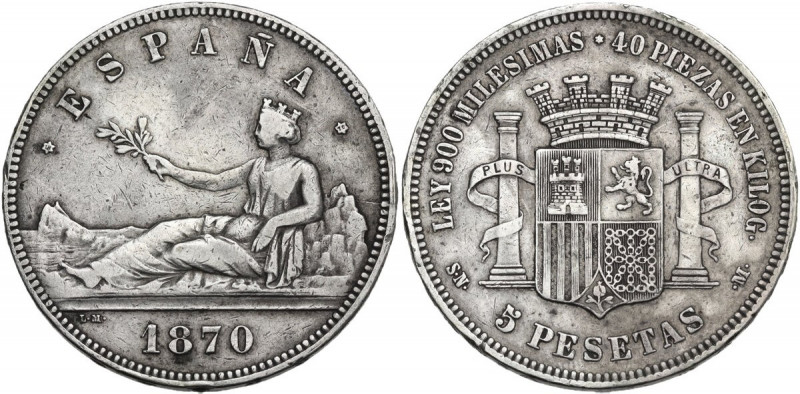 Spain. 5 Pesetas 1870 SN-M. KM 655. AG. 24.74 g. 37.00 mm. About VF.