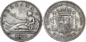 Spain. 5 Pesetas 1870 SN-M. KM 655. AG. 24.74 g. 37.00 mm. About VF.