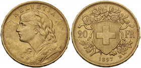 Switzerland. Confederation (1848- ). 20 francs 1897 B, Bern mint. KM 35.1; Fried. 499; HMZ 1195a. AV. 6.44 g. 21.00 mm. XF.