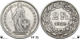 Switzerland. AE 2 Francs 1922. KM 21. AR. 10.00 g. 27.00 mm. VF 35. Encapsulated by CCG VF 35.