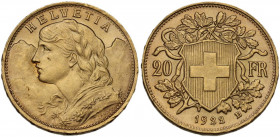 Switzerland. Confederation (1848- ). 20 francs 1922 B, Bern mint. KM 35.1; Fried. 499; HMZ 1195. AV. 6.45 g. 21.00 mm. Scratch on obverse. AU.