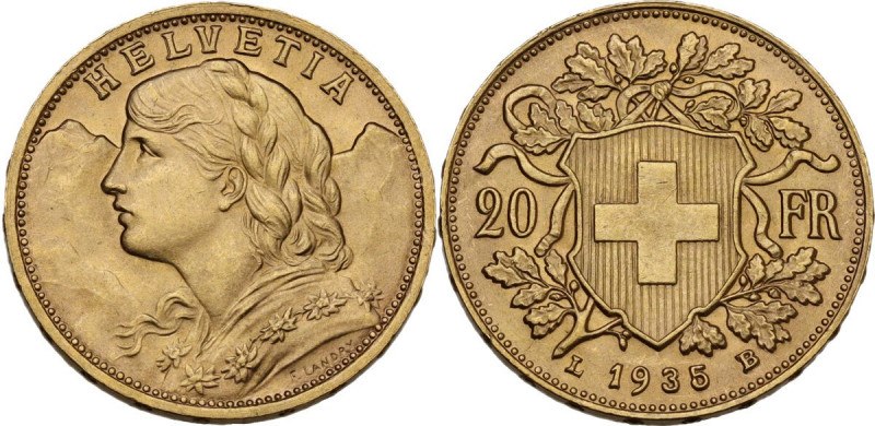 Switzerland. Confederation (1848- ). 20 francs 1935 L B, Bern mint. KM 35.1; Fri...