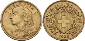Switzerland. Confederation (1848- ). 20 francs 1935 L B, Bern mint. KM 35.1; Fried. 499; HMZ 1195. AV. 6.45 g. 21.00 mm. MS.