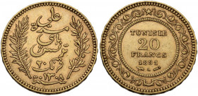 Tunisia. French Protectorate. 20 Francs 1891 A, Paris mint. KM 227; Fried. 12. AV. 6.46 g. 21.00 mm. VF+.
