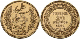 Tunisie. French Protectorate, Ali Bey (AH 1299-1320H / 1882-1902). 20 Francs 1901 A, Paris mint. KM 234; Fried. 12. AV. 6.45 g. 21.00 mm. VF+.