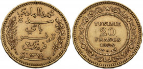 Tunisie. French Protectorate, Mohamed El Hadi Bey (1320-1324 AH / 1902-1906). 20 Francs 1904 A, Paris mint. KM 234; Fried. 12. AV. 6.46 g. 21.00 mm. V...