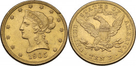 USA. 10 dollars 1905 without mint mark, Philadelphia Mint. Fried. 158. AU. 16.68 g. 26.80 mm. Scratch and metal flaw on obverse. AU.