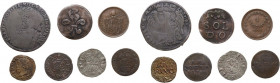 Lotto di sette (7) monete: Cremona inforziato, Firenze quattrino 1826, Modena lira 1738, Mantova quattrino, Roma quattrino 1854, Modena soldo, Firenze...