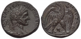 Seleukis und Pierien. Antiochia am Orontes. Elagabalus (218 - 222 n. Chr.).

 Tetradrachme (Bronze). Laodikeia ad Mare.
Vs: Büste in Vorderansicht ...