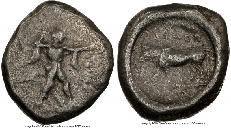 LUCANIA. Poseidonia. Ca. 470-420 BC. AR stater (19mm, 10h). NGC Fine. ΠΟΣE, Pose...