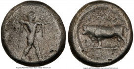 LUCANIA. Poseidonia. Ca. 470-420 BC. AR stater (17mm, 1h). NGC Fine, marks. ΠΟΣE, Poseidon striding right, nude but for chlamys spread across shoulder...