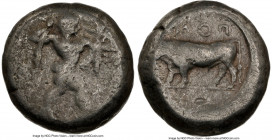 LUCANIA. Poseidonia. Ca. 470-420 BC. AR stater (16mm, 2h). NGC VG, scratches. ΠΟΣE, Poseidon striding right, nude but for chlamys spread across should...