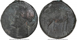 CARTHAGE. Zeugitana. Ca. 221-210 BC. AE trishekel (30mm, 12h). NGC VF. Second Punic War, ca. 220-215 BC. Head of Tanit left, wreathed with grain, wear...