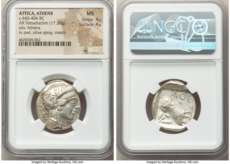 ATTICA. Athens. Ca. 440-404 BC. AR tetradrachm (25mm, 17.20 gm, 9h). NGC MS 4/5 ...