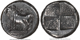 BITHYNIA. Calchedon. Ca. 387/6-340 BC. AR drachm (14mm, 3.78 gm). NGC Choice XF 4/5 - 3/5, brushed. KAΛX, bull standing left on grain ear pointed righ...