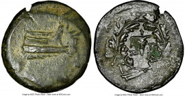 MYSIA. Cyzicus. Ca. 3rd-2nd centuries BC. AE (29mm, 12h). NGC XF, overstruck. Prow to right; overstruck on Kore Sotiera head right, wearing saccos / K...