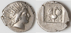 CARIAN ISLANDS. Rhodes. Ca. 88-84 BC. AR drachm (15mm, 2.54 gm, 5h). XF. Plinthophoric standard, Thrasymedes, magistrate. Radiate head of Helios right...