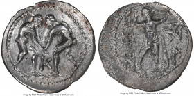 PISIDIA. Selge. Ca. 325-250 BC. AR stater (28mm, 1h). NGC VF. Two wrestlers grappling; K between / ΣΕΛΓΕΩΝ, slinger striding right, pulling sling taut...
