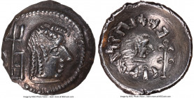 ARABIA FELIX. Himyarites. 'Amdan Bayyin (ca. 1st century AD). AR scyphate drachm (14mm, 6h). NGC Choice AU. Raidan mint. Male head right, monogram beh...