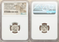 Anonymous. Ca. 211-208 BC. AR victoriatus (16mm, 3.27 gm, 11h). NGC MS 5/5 - 4/5, Fine Style. Luceria. Laureate head of Jupiter right, bead-and-reel b...