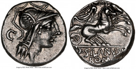 D. Silanus L.f. (ca. 91 BC). AR denarius (17mm, 3.81 gm, 1h). NGC Choice XF 4/5 - 3/5, light graffito. Rome. Head of Roma right, wearing winged helmet...