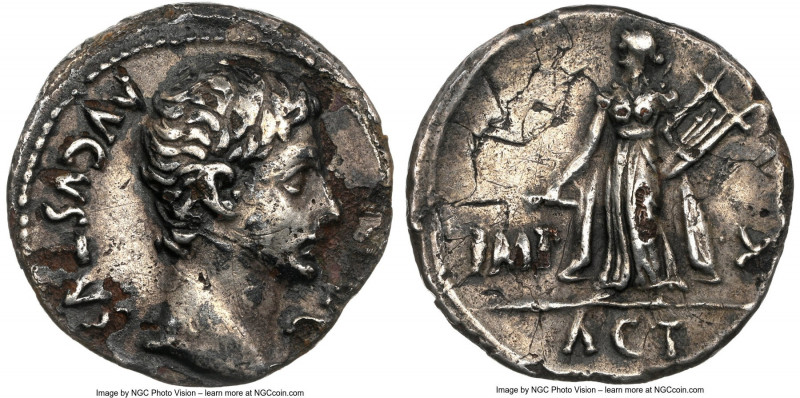 Augustus (27 BC-AD 14). AR/AE fourrée denarius (19mm, 2.85 gm, 2h). NGC Choice V...