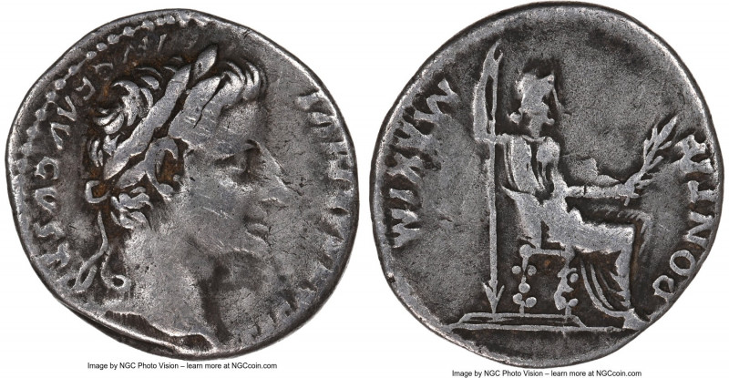 Tiberius (AD 14-37). AR denarius (18mm, 7h). NGC Choice Fine. Lugdunum, AD 18-35...