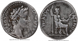 Tiberius (AD 14-37). AR denarius (18mm, 7h). NGC Choice Fine. Lugdunum, AD 18-35. TI CAESAR DIVI-AVG F AVGVSTVS, laureate head of Tiberius right / PON...