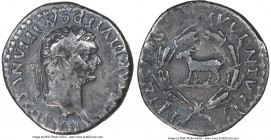 Domitian, as Caesar (AD 81-96). AR denarius (16mm, 7h). NGC VF. Rome, AD 80-81. CAESAR•DIVI F DOMITIANVS COS VII, laureate head of Domitian right / PR...