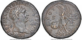 Trajan (AD 98-117). AE as (27mm, 5h). NGC XF. Rome, AD 101-102. IMP CAES NERVA TRAIAN AVG GERM P M, laureate bust of Trajan right, slight drapery on l...